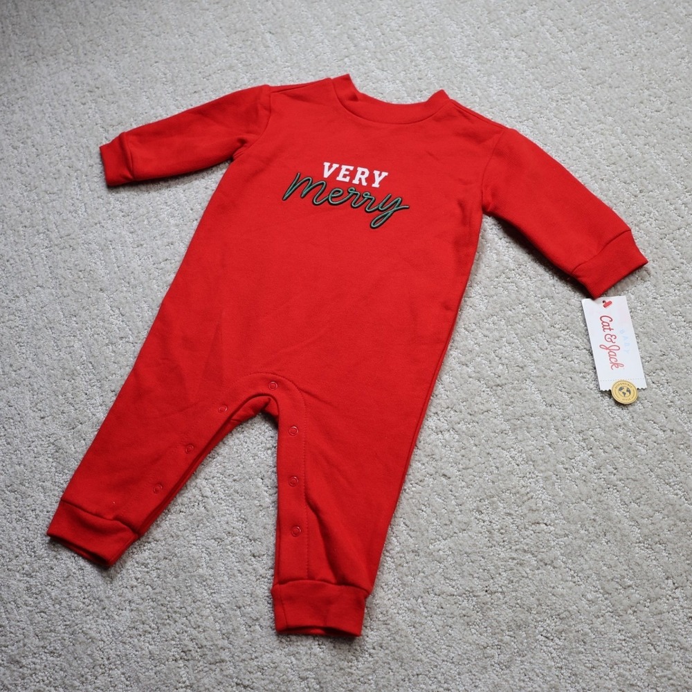 Cat & Jack Baby Red Very Merry Holiday Long Sleeve Bodysuit 3-6M